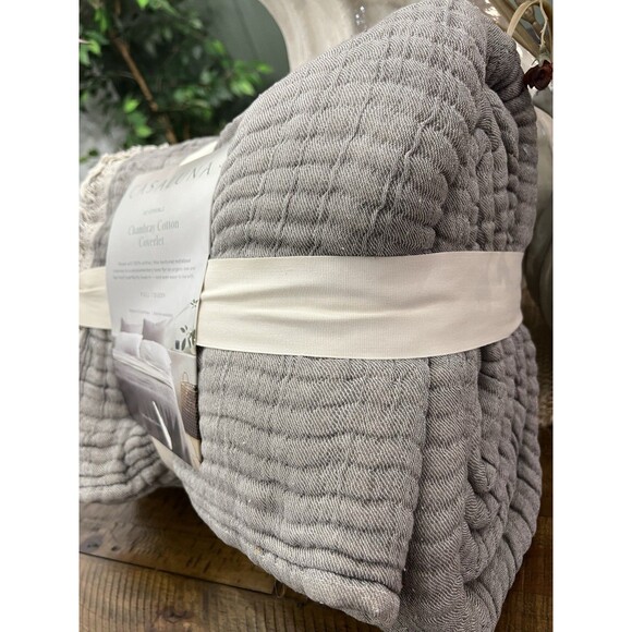 Full/Queen Reversible Textured Cotton Chambray Coverlet Dark Gray/White NEW - Picture 3 of 7